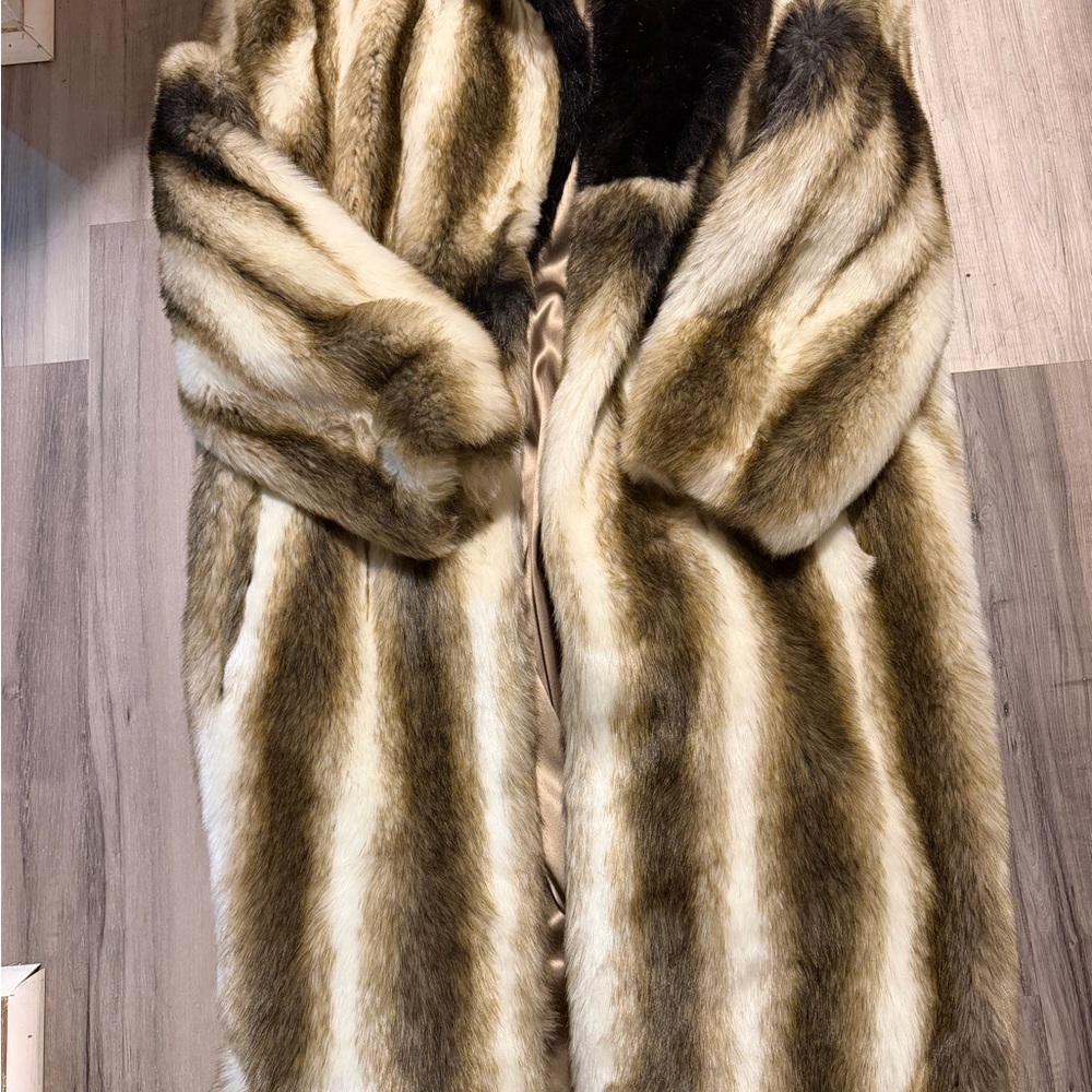 Women's Long Faux Fur Coat in Brown and Cream